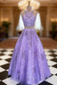 Lilac Ball Gowns Scoop Neck Sleeveless Long Floor Length Tulle Prom Dresses With Appliqued Beading