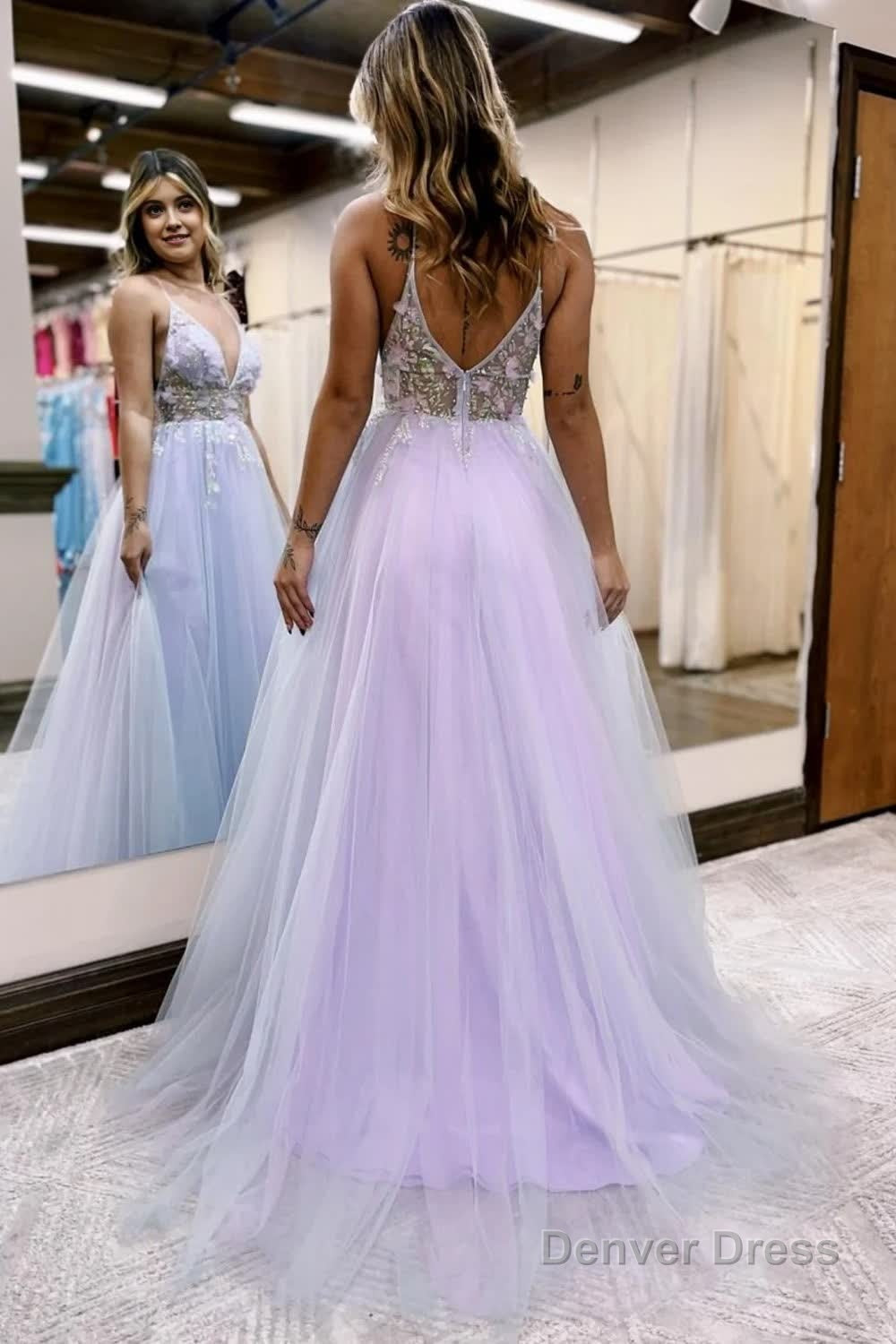 Lilac Beaded A-Line Tulle Prom Dress with Flowers Secondary image
