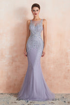 Lilac Fitted Mermaid V Neck Long Prom Dresses