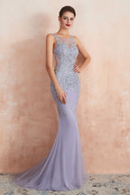Lilac Fitted Mermaid V Neck Long Prom Dresses