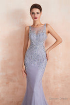 Lilac Fitted Mermaid V Neck Long Prom Dresses