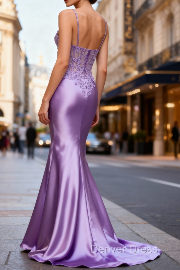 Lilac Floral Classy Mermaid Corset Long Prom Dresses