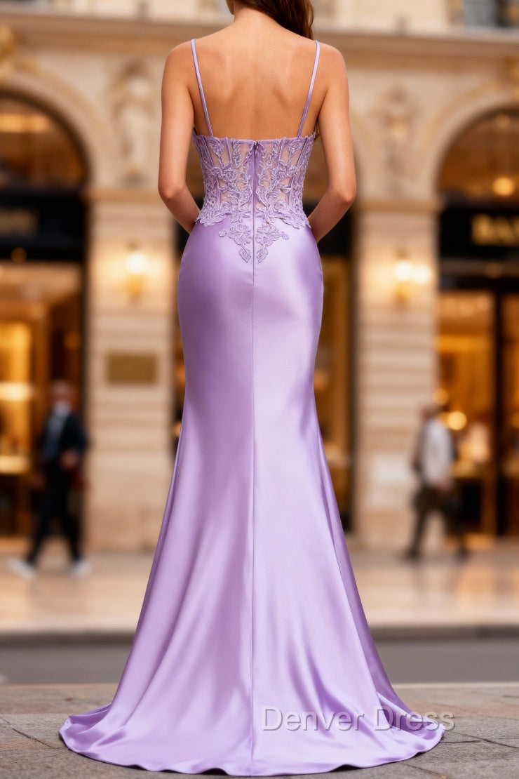 Lilac Floral Mermaid Corset Long Prom Dresses