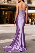 Lilac Floral Mermaid Corset Long Prom Dresses with Slit