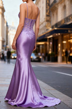 Lilac Floral Unique Mermaid Corset Long Prom Dresses with Slit