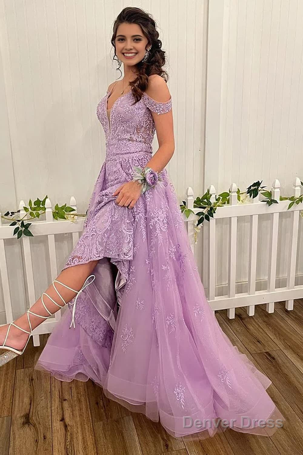 Lilac High Low Spaghetti Straps Lace Prom Dresses Main image