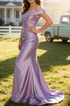 Lilac Mermaid Off the Shoulder Ruched Long Prom Dress