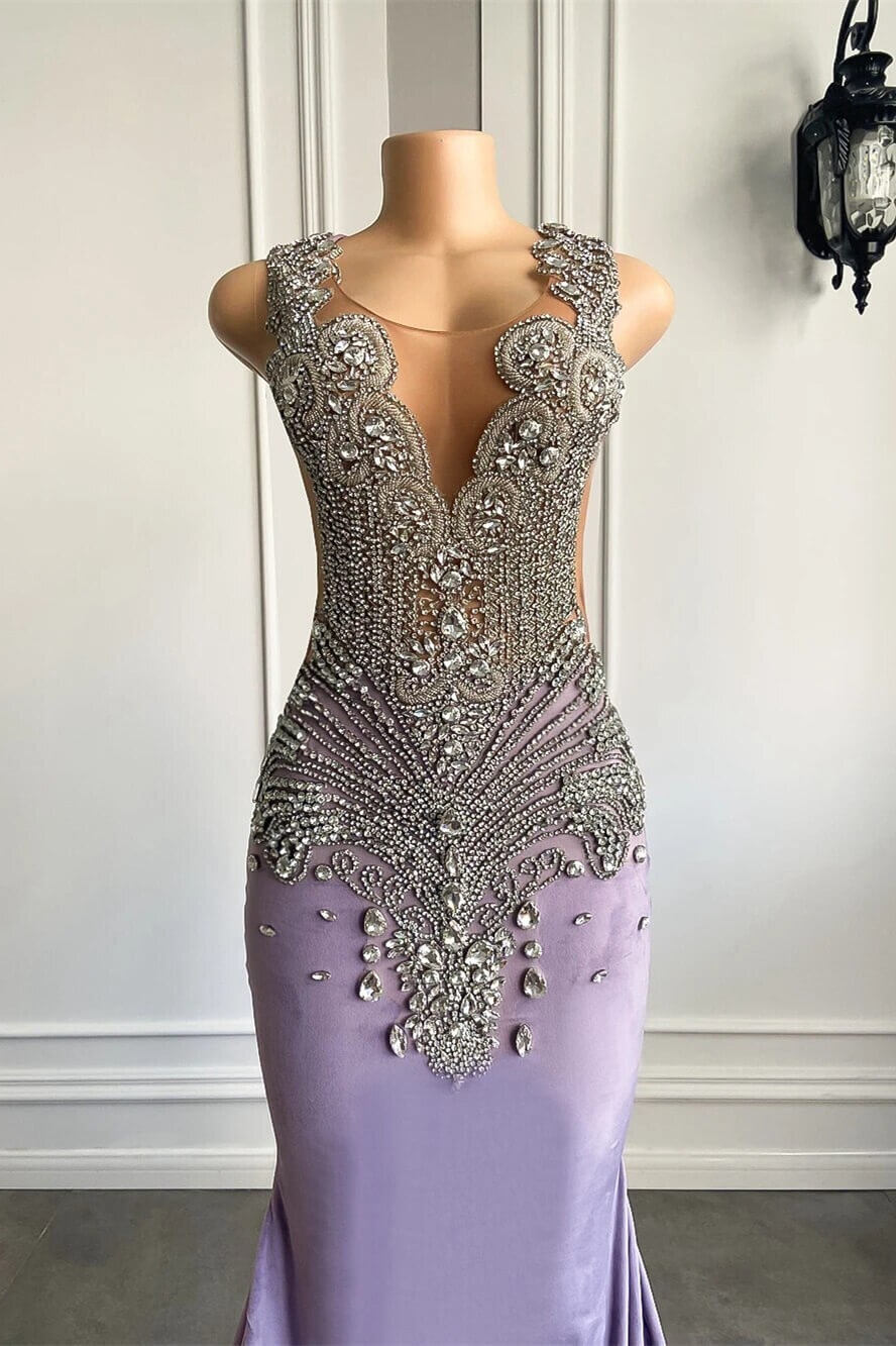 Lilac Mermaid Prom Dress With Scoop Neckline Sleeveless And Crystal Beadings