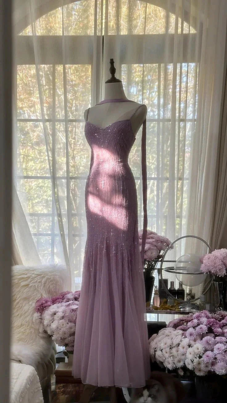 Lilac Mermaid Spaghetti Strap Beaded Chiffon Long Prom Dress Graduation Prom Dresses