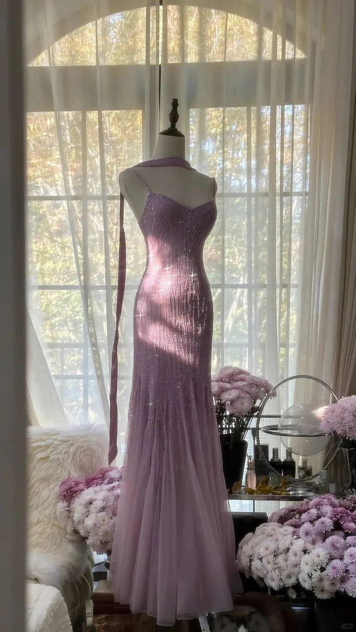 Lilac Mermaid Spaghetti Strap Beaded Chiffon Long Prom Dress Graduation Prom Dresses