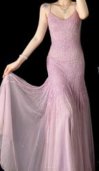 Lilac Mermaid Spaghetti Strap Beaded Chiffon Long Prom Dress Graduation Prom Dresses