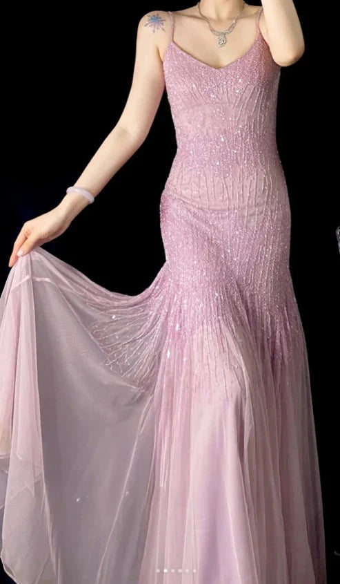 Lilac Mermaid Spaghetti Strap Beaded Chiffon Long Prom Dress Graduation Prom Dresses