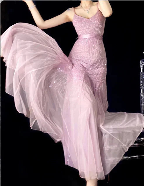 Lilac Mermaid Spaghetti Strap Beaded Chiffon Long Prom Dress Graduation Prom Dresses