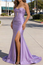 Lilac Mermaid Sweetheart Corset Long Prom Dresses with Slit