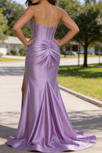 Lilac Mermaid Sweetheart Corset Long Prom Dresses with Slit