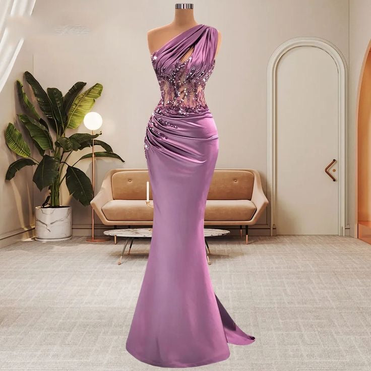 Lilac One Shoulder Mermaid Prom Dress With Beads