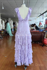 Lila spets långa balklänningar rygglös aftonklänning fantastisk maxi klänning
