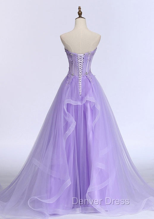 Lilac Prom Dress, A Line Sweetheart Sleeveless Sweep Train Tulle Prom Dresses With Beading Appliqued