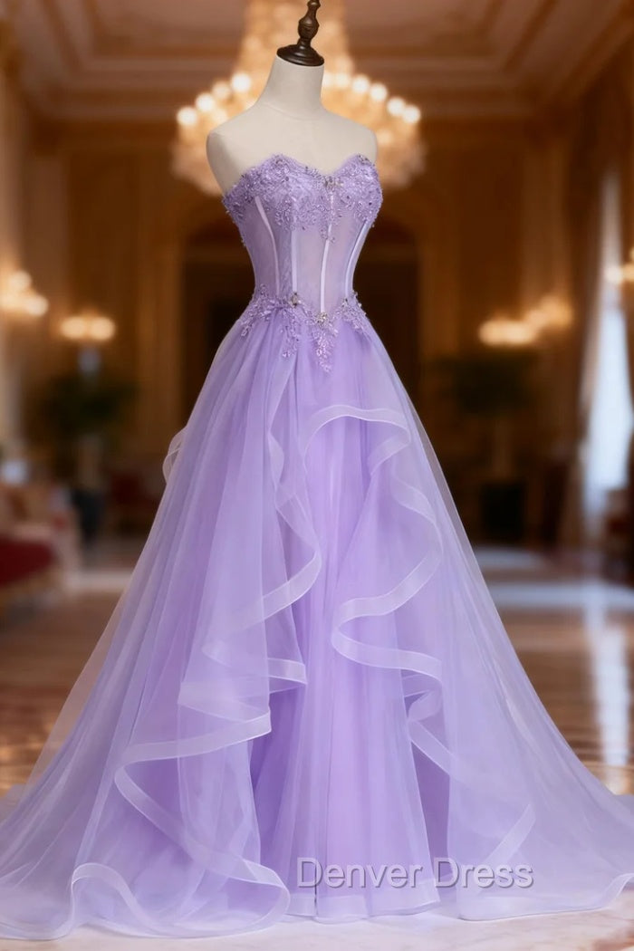 Lilac Prom Dress, A Line Sweetheart Sleeveless Sweep Train Tulle Prom Dresses With Beading Appliqued