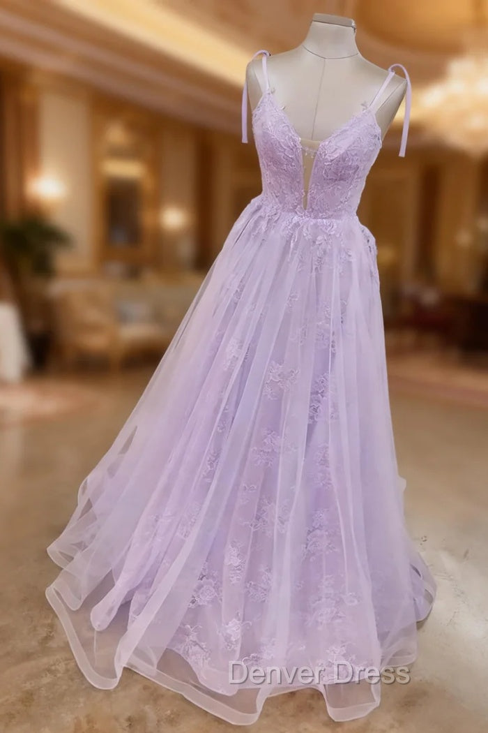 Lilac Prom Dresses, A-line V Neck Spaghetti Straps Long/Floor-Length Lace Tulle Prom Dresses