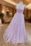 Lilac Prom Dress, A Line V Neck Spaghetti Straps Long Floor Length Lace Tulle Prom Dresses
