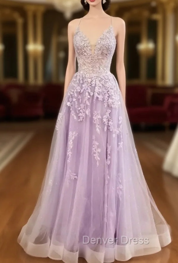 Lilac Prom Dress, A Line V Neck Spaghetti Straps Long Floor Length Tulle Prom Dresses With Appliqued Sequins