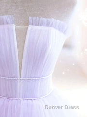 Lilac Purple Strapless Tulle Sheer A Line Prom Dresses