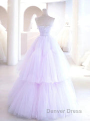 Lilac Purple Strapless Tulle Sheer A Line Prom Dresses