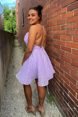 lilac sequins homecoming dress with criss cross back