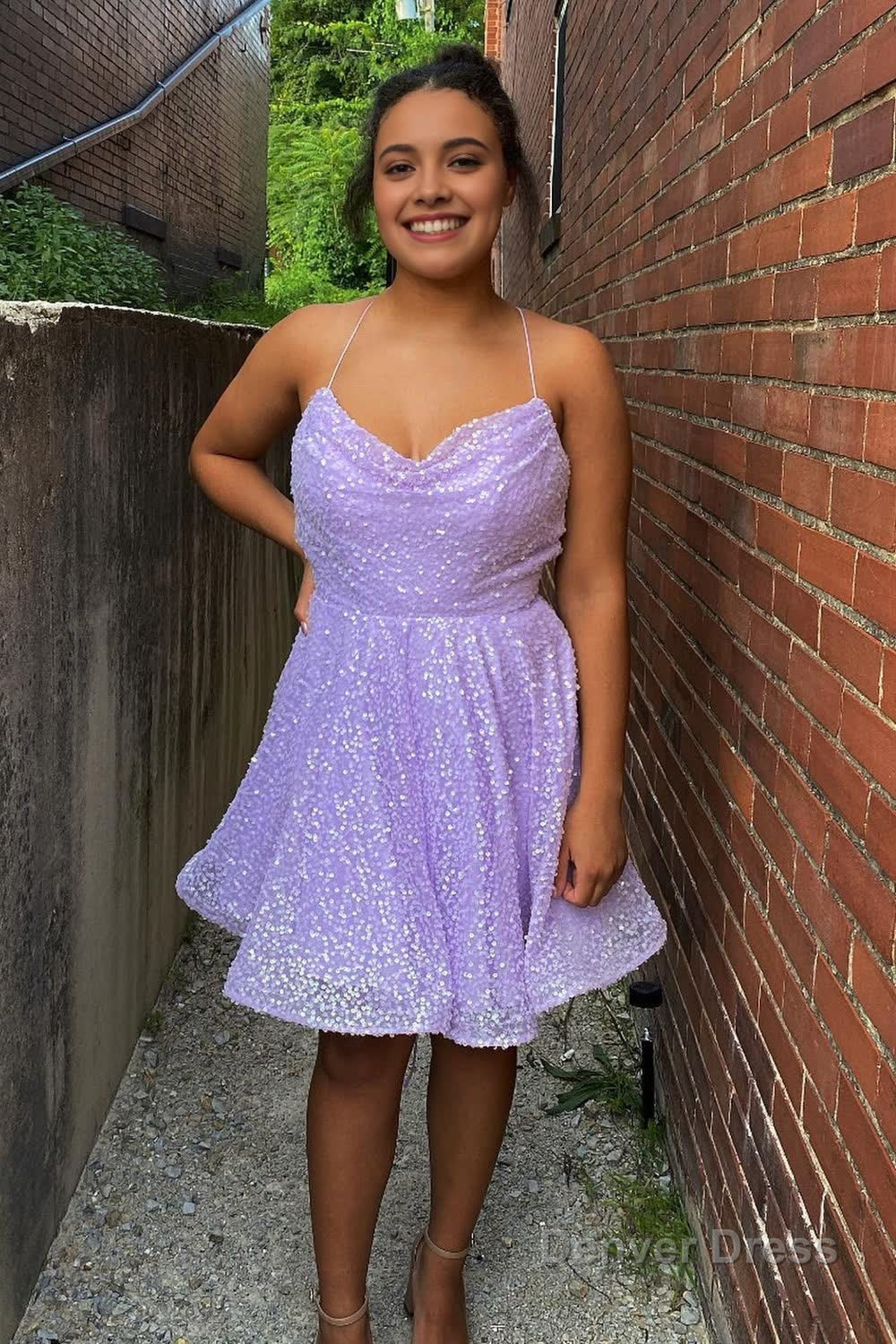 lilac sequins homecoming dress with criss cross back