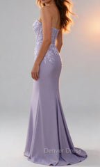 Lilac Sheath Strapless Corset Prom Dresses With Lace Appliques