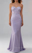 Lilac Sheath Strapless Corset Prom Dresses With Lace Appliques