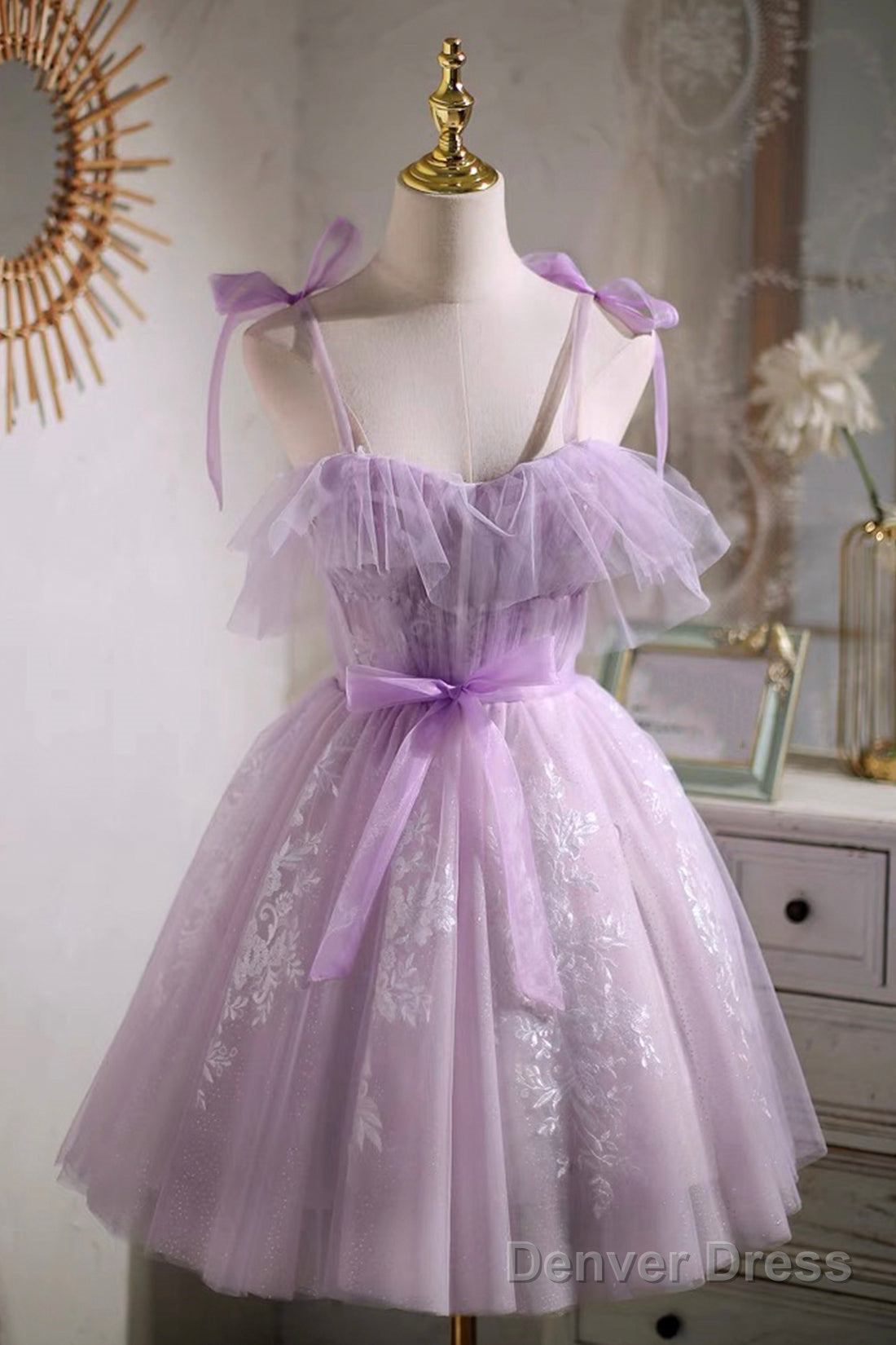 Lilac Spaghetti Strap Tulle Lace Short Prom Dress, Lovely A-Line Party Dress Main image