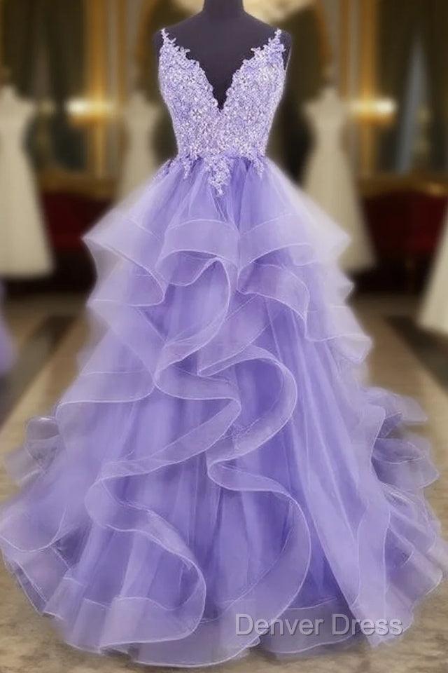 Lilac Tull Lace Applique Ball Gown Straps Long Prom Dresses Elegant Evening Dresses Main image