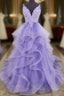 Lilac Tull Lace Applique Ball Gown Straps Long Prom Dresses Elegant Evening Dresses