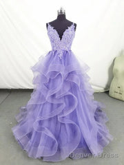 Lilac Tull Lace Applique Ball Gown Straps Long Prom Dress Elegant Evening Dress