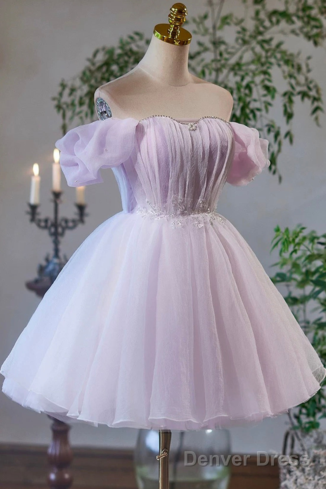 Lilac Tulle Knee Length Prom Dress, Lovely A Line Off The Shoulder Prom Dresses