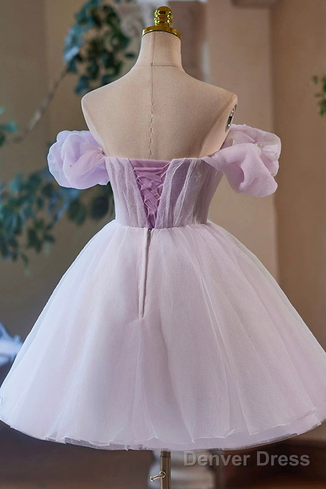 Lilac Tulle Knee Length Prom Dress, Lovely A Line Off The Shoulder Prom Dresses