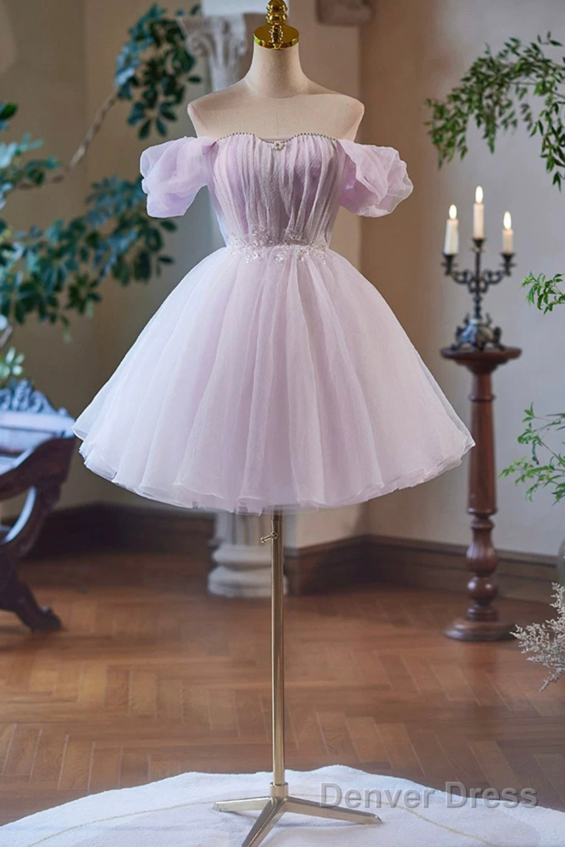Lilac Tulle Knee Length Prom Dress, Lovely A Line Off The Shoulder Prom Dresses