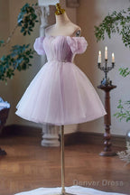 Lilac Tulle Knee Length Prom Dress, Lovely A Line Off The Shoulder Prom Dresses