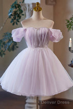 Lilac Tulle Knee Length Prom Dress, Lovely A Line Off The Shoulder Prom Dresses
