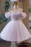 Lilac Tulle Knee Length Prom Dress, Lovely A Line Off The Shoulder Prom Dresses
