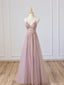 Pink V-Neck Tulle Long Prom Dress with Beaded, Pink Spaghetti Strap Evening Dress