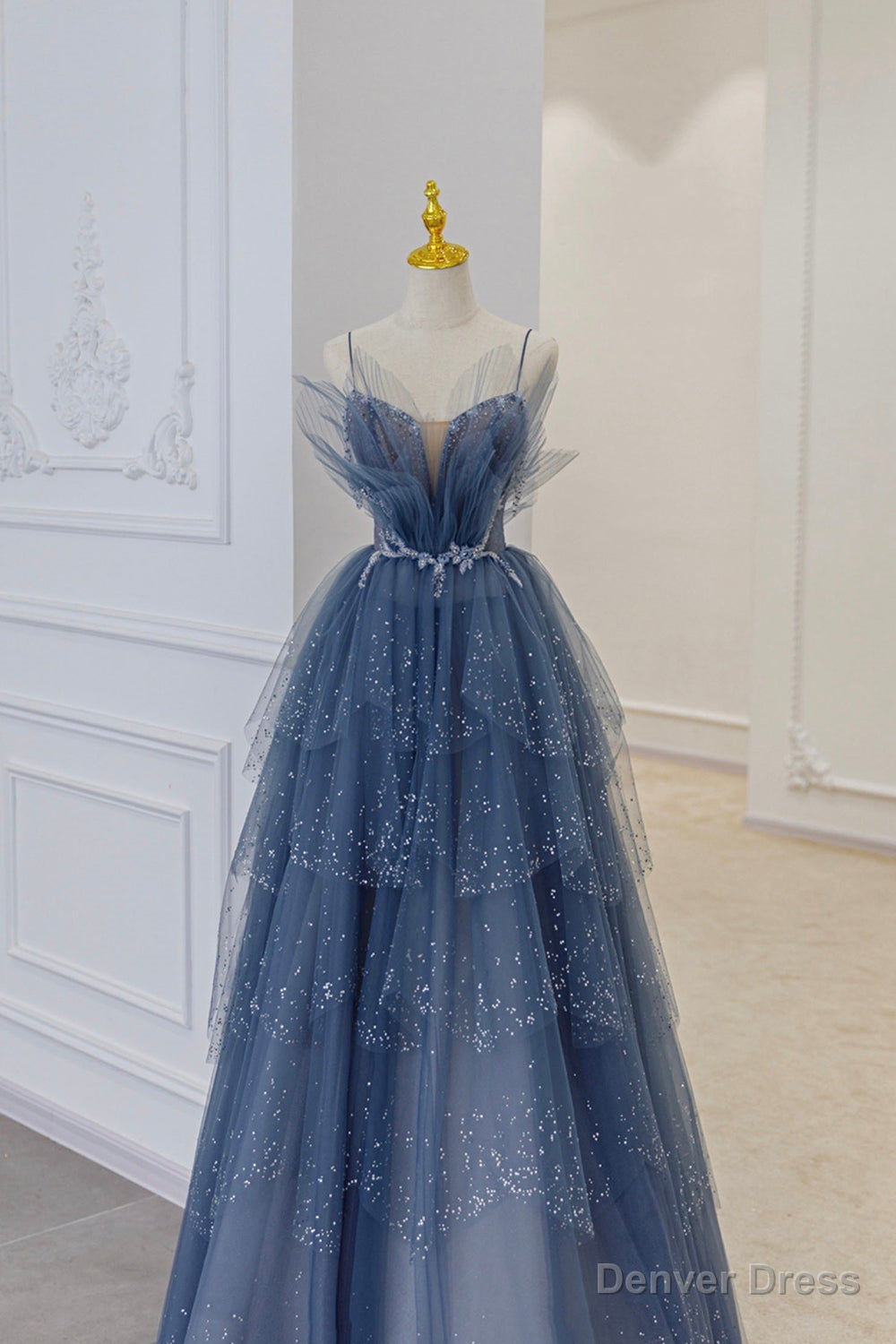 Blue Tulle Layers Straps Beaded Long Prom Dress, A Line Prom Dresses Main image