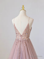 Pink V-Neck Tulle Long Prom Dress with Beaded, Pink Spaghetti Strap Evening Dress