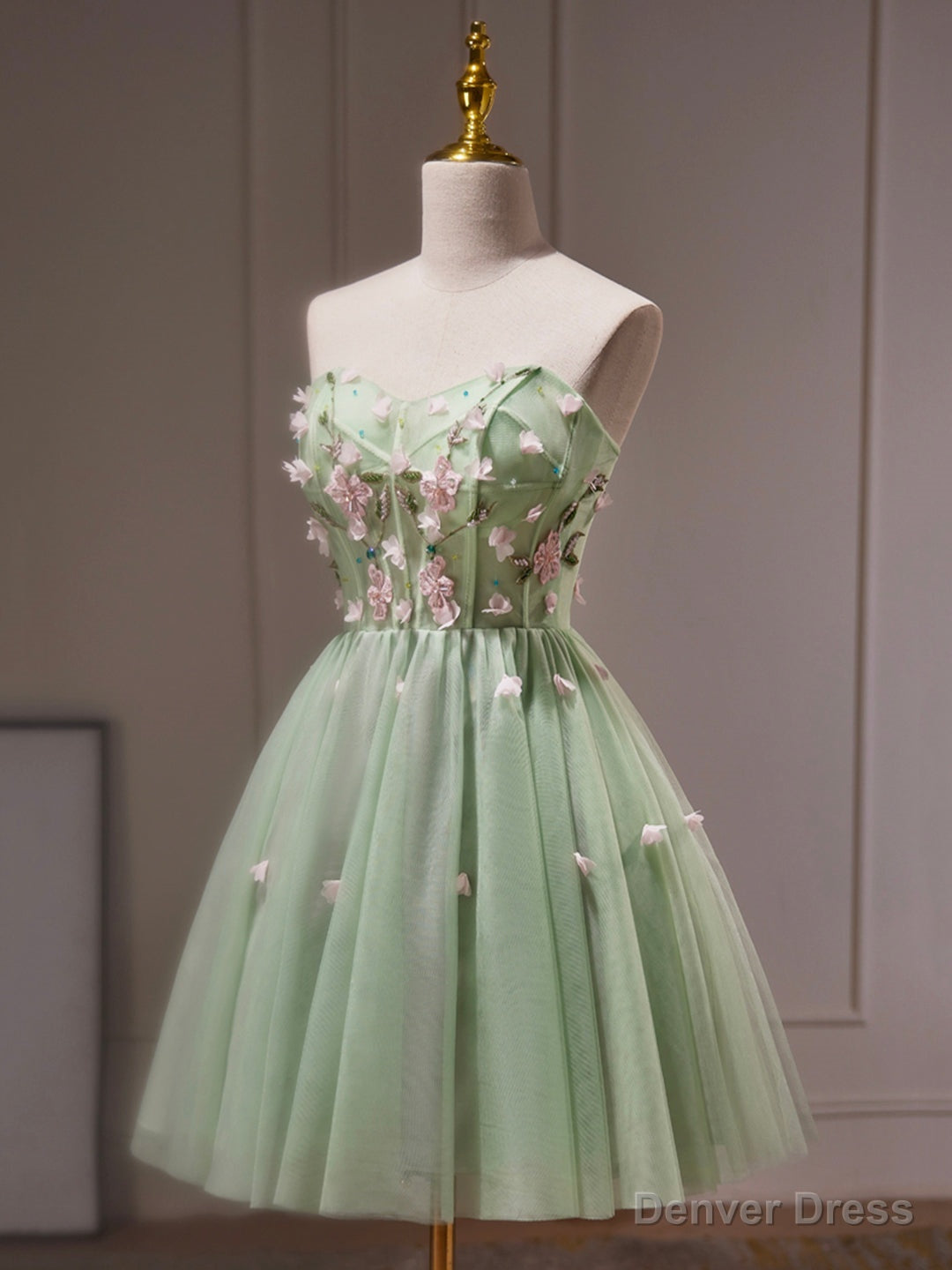 Green Tulle Beaded Party Dress, Green Short Prom Dress with Flowers Main image