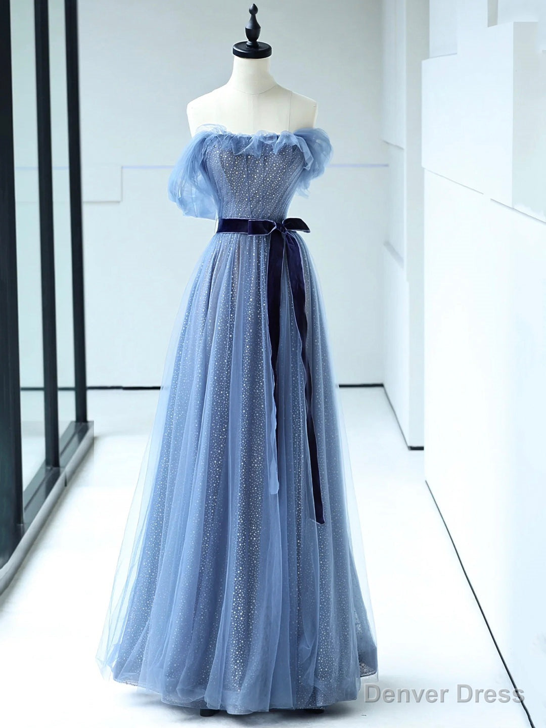 Strapless Tulle Blue Floor Length Prom Dress, A-Line Blue Evening Party Dress Main image