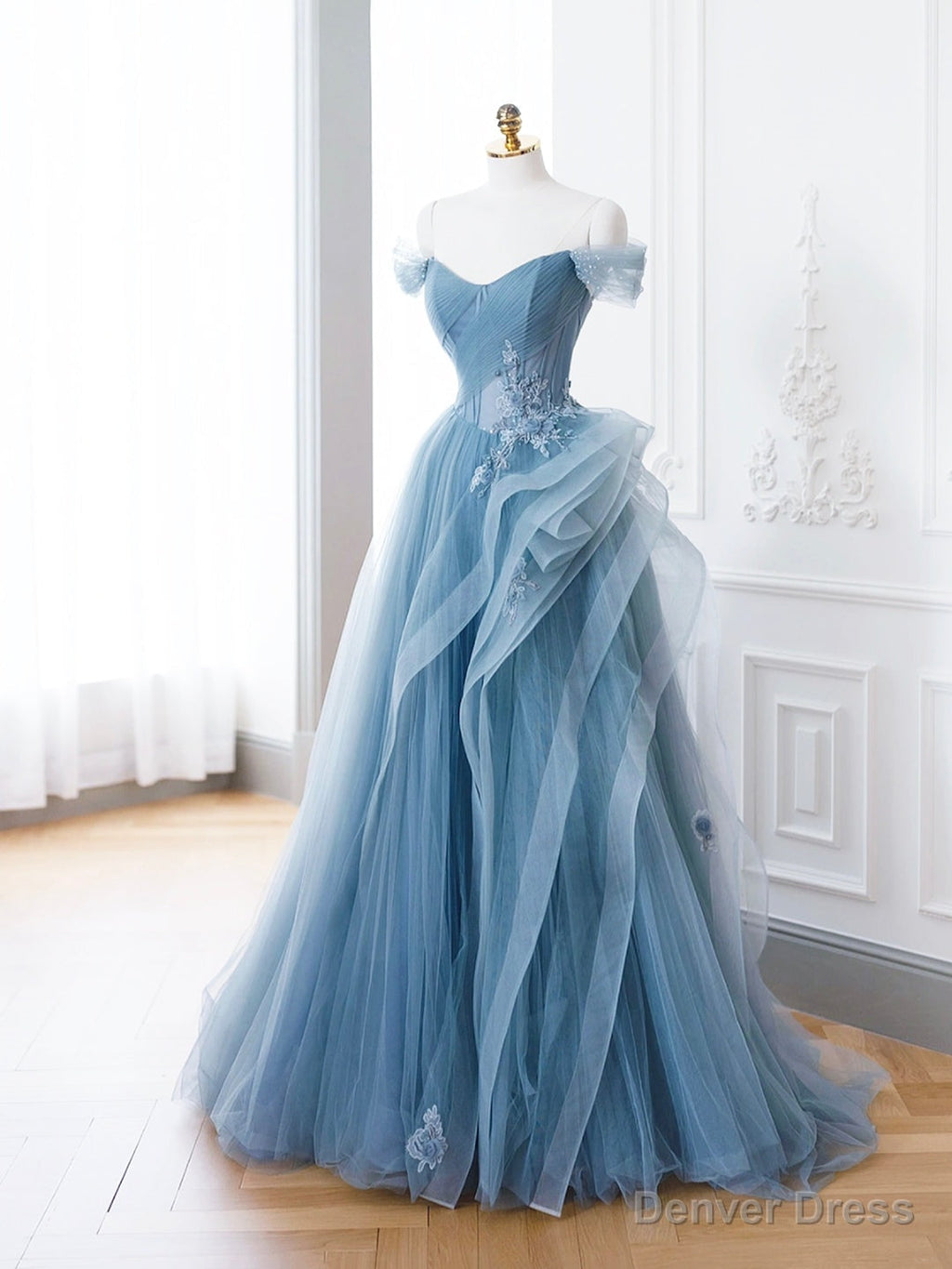 Blue Tulle Lace Long Prom Dress, A Line Blue Prom Dresses