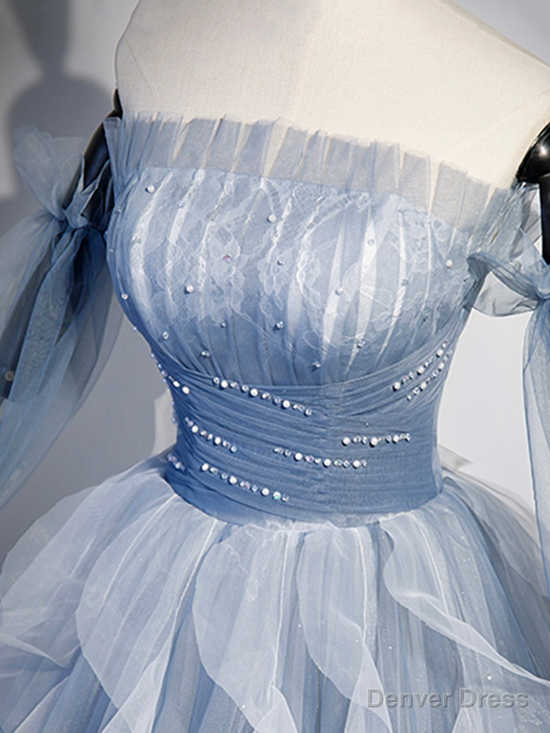 Blue Strapless Tulle Long Prom Dress, Chic A-Line Formal Dress with Long Sleeves Secondary image