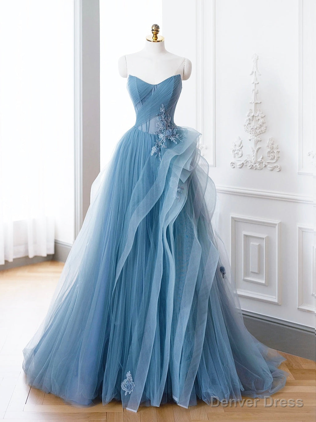 Blue Tulle Lace Long Prom Dress, A Line Blue Prom Dresses